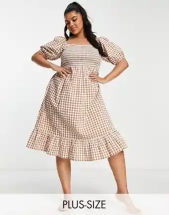 Influence plus square neck puff sleeve beach dress in brown check