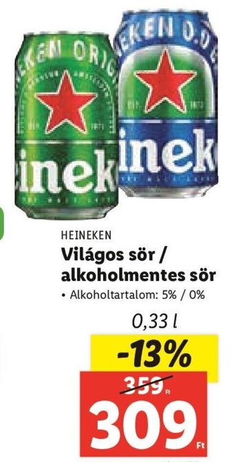 Lidl Heineken Világos sör/ alkoholmentes sör 0,33 l ajánlat