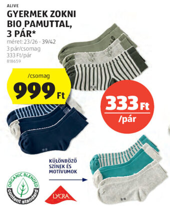 Alive Gyermek zokni bio pamuttal 3 pár