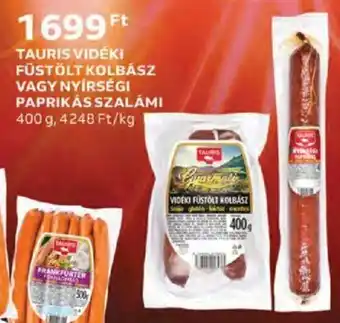 Auchan Tauris Vidéki füstölt kolbász vagy nyírségi paprikás szalámi 400 g ajánlat