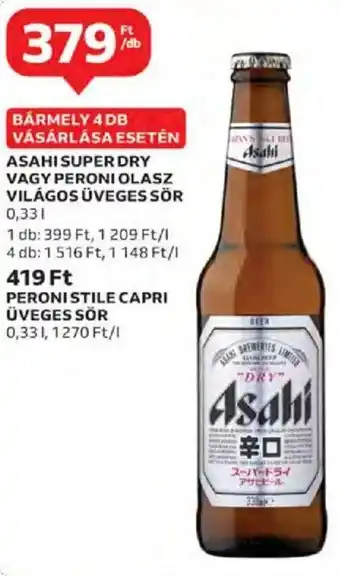 Auchan Asahi Super dry vagy peroni olasz világos üveges sör 0,33 l ajánlat