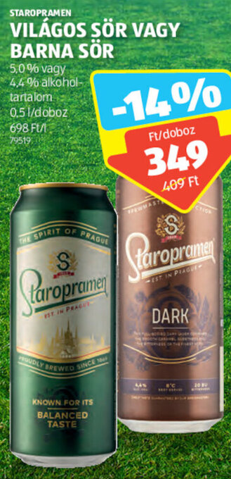 ALDI STAROPRAMEN VILÁGOS SÖR VAGY BARNA SÖR 0,5 l ajánlat
