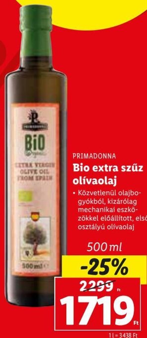 Lidl PRIMADONNA Bio extra szűz olívaolaj 500 ml ajánlat