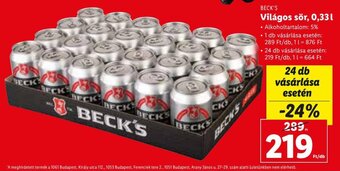 Lidl BECK'S Világos sör, 0,33 l ajánlat