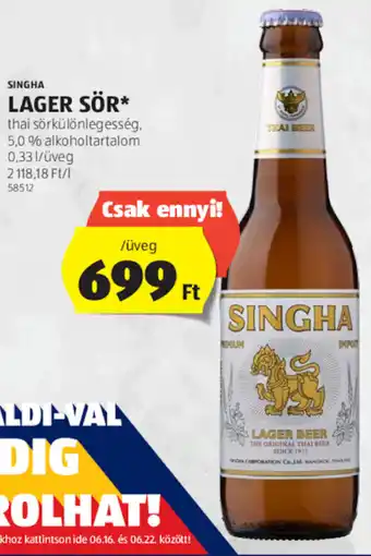 ALDI SINGHA LAGER SÖR 0,33 l ajánlat