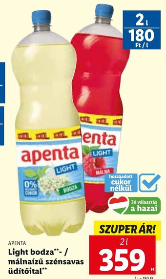 Lidl APENTA Light bodza- / málnaízű szénsavas üdítőital 2 l ajánlat