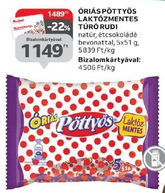 Auchan ÓRIÁS PÖTTYÖS LAKTÓZMENTES TÚRÓ RUDI 5 x 51 g ajánlat