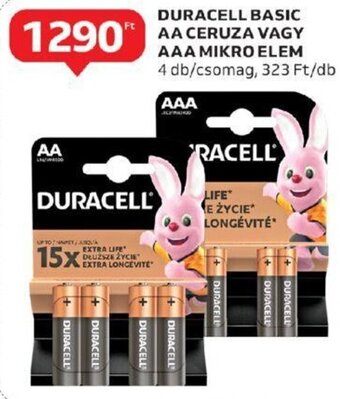 Auchan DURACELL BASIC AA CERUZA VAGY AAA MIKRO ELEM 4 db ajánlat