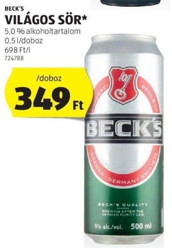 ALDI BECK'S VILÁGOS SÖR 0,5 l ajánlat