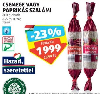 ALDI CSEMEGE VAGY PAPRIKÁS SZALÁMI 400 g ajánlat