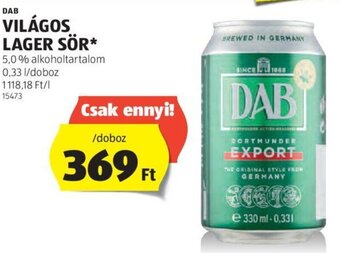 ALDI DAB VILÁGOS LAGER SÖR 0,33 l ajánlat