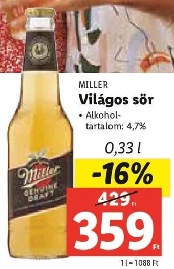 Lidl MILLER Világos sör 0,33 l ajánlat
