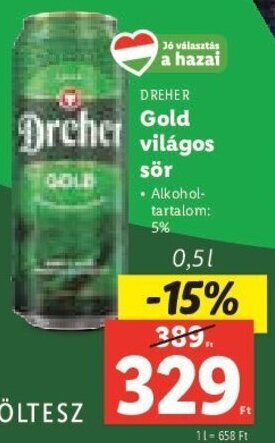 Lidl DREHER Gold világos sör 0,5 l ajánlat