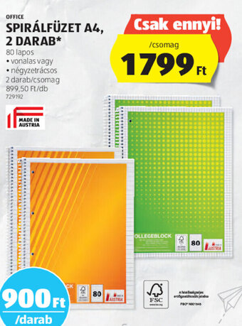 ALDI OFFICE SPIRÁLFÜZET A4 2 db ajánlat