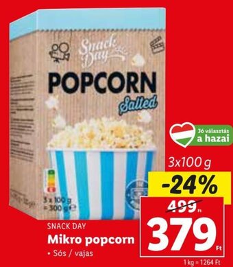 Lidl SNACK DAY Mikro popcorn 3 x 100 g ajánlat