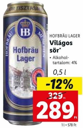 Lidl HOFBRÄU LAGER Világos sör 0,5 l ajánlat