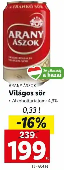 Lidl ARANY ÁSZOK Világos sör 0,33 l ajánlat