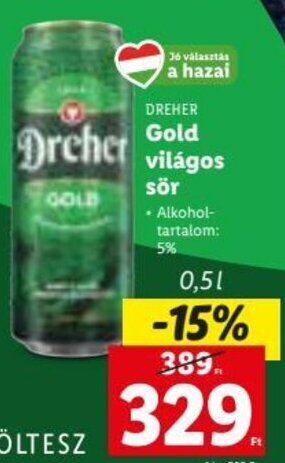 Lidl DREHER Gold világos sör 0,5 l ajánlat