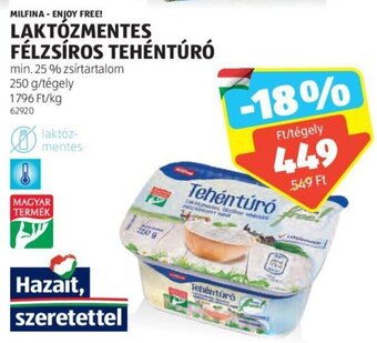ALDI MILFINA - ENJOY FREE! LAKTÓZMENTES FÉLZSÍROS TEHÉNTÚRÓ 250 g ajánlat