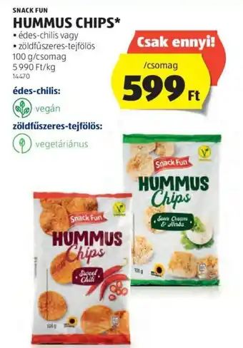 ALDI SNACK FUN, HUMMUS CHIPS, 100g/csomag ajánlat