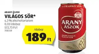 ALDI ARANY ÁSZOK, VILÁGOS SÖR, 0,33l/doboz ajánlat