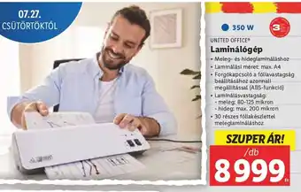 Lidl UNITED OFFICE Laminálógép 1 db ajánlat
