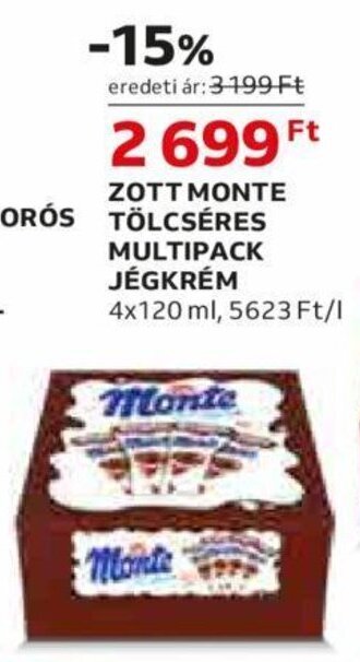 Auchan ZOTT MONTE TÖLCSÉRES MULTIPACK JÉGKRÉM 4 x 120 ml ajánlat