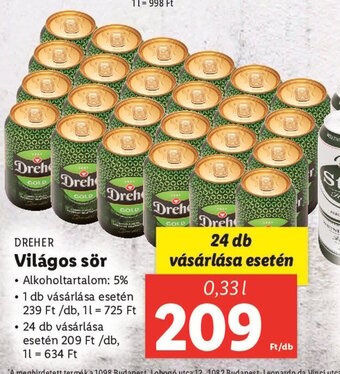Lidl DREHER Világos sör 0,33 l ajánlat