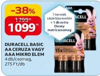 Auchan DURACELL BASIC AA CERUZA VAGY AAA MIKRO ELEM 4 db ajánlat