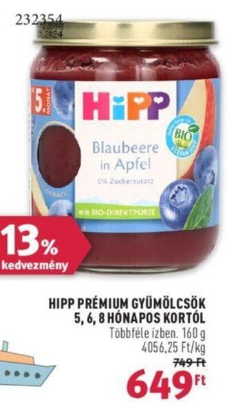 Rossmann HIPP PRÉMIUM GYÜMÖLCSÖK 5, 6, 8 HÓNAPOS KORTÓL 160 g ajánlat