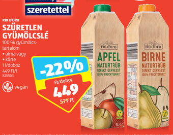 ALDI RIO D'ORO SZŰRETLEN GYÜMÖLCSLÉ 1 l ajánlat
