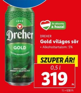 Lidl DREHER Gold világos sör 0,5 l ajánlat