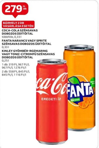 Auchan COCA-COLA SZÉNSAVAS DOBOZOS ÜDÍTŐITAL stb. 0,33 / 0,25 l ajánlat