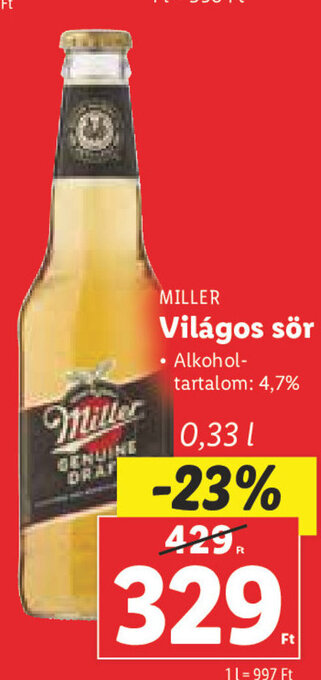Lidl MILLER Világos sör 0,33 l ajánlat