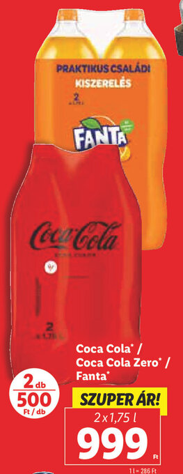 Lidl Coca Cola / Coca Cola Zero / Fanta 2 x 1,75 l ajánlat