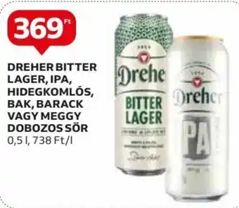Auchan DREHER BITTER LAGER, IPA, HIDEGKOMLÓS stb. 0,5 l ajánlat