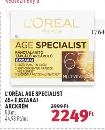 Rossmann L'ORÉAL AGE SPECIALIST 65+ ÉJSZAKAI ARCKRÉM 50 ml ajánlat