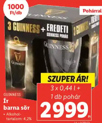 Lidl GUINNESS Ír barna sör 3 x 0,44 l + 1 db pohár ajánlat