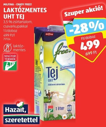 ALDI MILFINA - ENJOY FREE! LAKTÓZMENTES UHT TEJ 1 l ajánlat