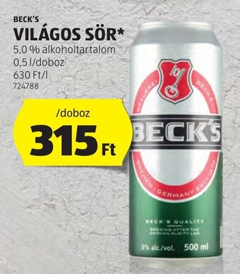 ALDI BECK'S VILÁGOS SÖR 0,5 l ajánlat