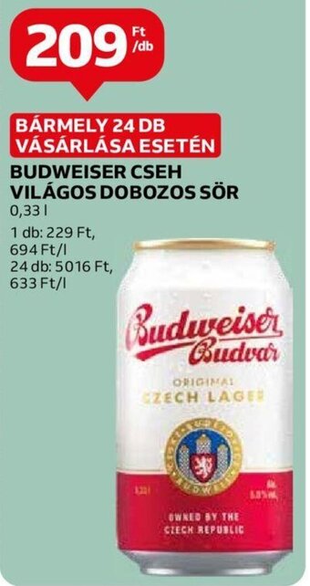 Auchan BUDWEISER CSEH VILÁGOS DOBOZOS SÖR 0,33 l ajánlat