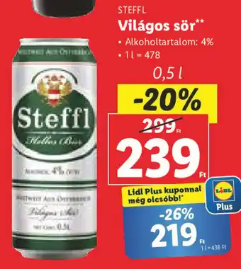 Lidl STEFFL Világos sör 0,5 l ajánlat