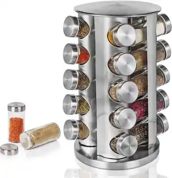Értékcsökkent - 20 részes üveg fűszertartó készlet forgatható inox fém állvánnyal