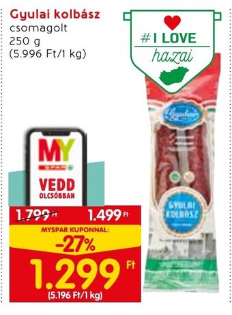 Spar Gyulai kolbász 250 g ajánlat