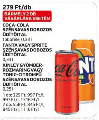 Auchan COCA-COLA SZÉNSAVAS DOBOZOS ÜDÍTŐITAL stb. 0,33 / 0,25 l ajánlat
