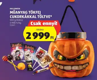 ALDI HALLOWEEN MŰANYAG TÖKFEJ CUKORKÁKKAL TÖLTVE 500 g ajánlat