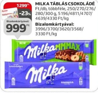 Auchan MILKA TÁBLÁS CSOKOLÁDÉ 300g ajánlat