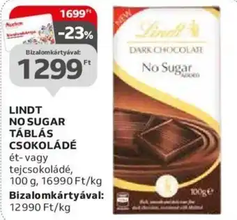 Auchan LINDT NO SUGAR TÁBLÁS CSOKOLÁDÉ 100g ajánlat