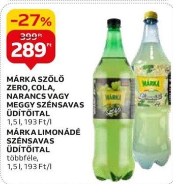 Auchan MÁRKA SZŐLŐ ZERO, COLA, NARANCS VAGY MEGGY SZÉNSAVAS ÜDÍTŐITAL 1,5l ajánlat