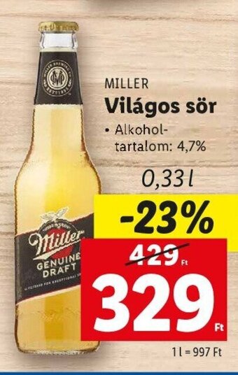Lidl MILLER Világos sör 0,33 l ajánlat